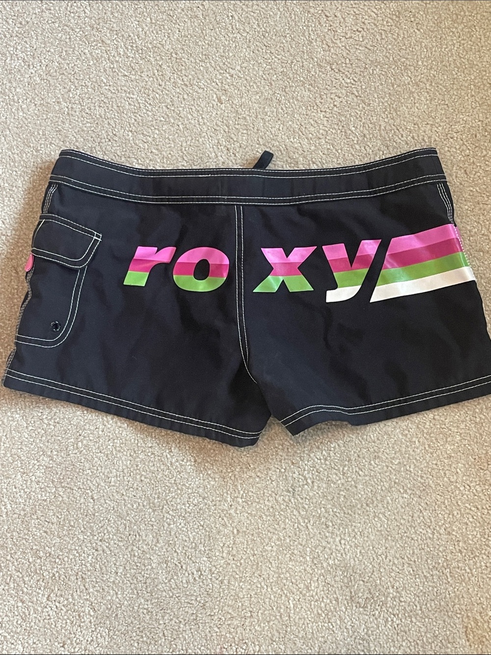 Roxy Black Boardshorts with Pink, Green & White Stripe Logo